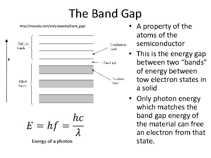 The Band Gap http: //mousely. com/encyclopedia/Band_gap/ Energy of a photon • A property of