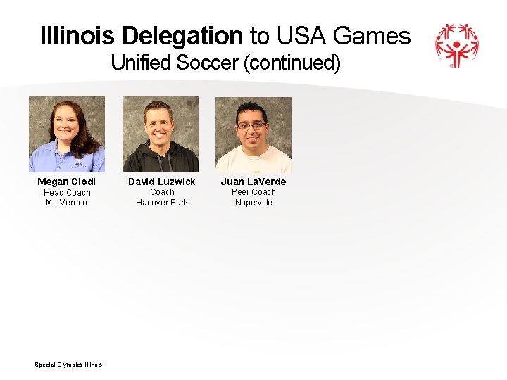 Illinois Delegation to USA Games Unified Soccer (continued) Megan Clodi David Luzwick Juan La.