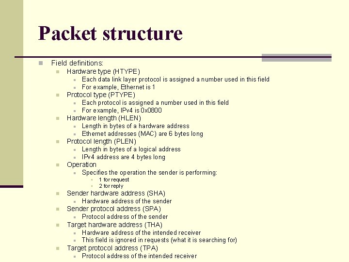 Packet structure n Field definitions: n Hardware type (HTYPE) n n n Protocol type Packet structure n Field definitions: n Hardware type (HTYPE) n n n Protocol type