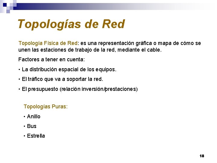 Topologías de Red Topología Física de Red: es una representación gráfica o mapa de