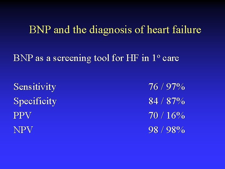 BNP and the diagnosis of heart failure BNP as a screening tool for HF