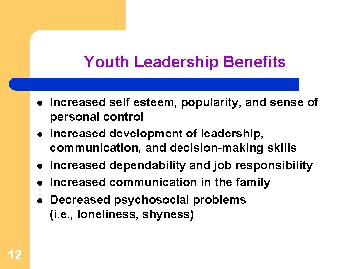 Youth Leadership Benefits l l l 12 Increased self esteem, popularity, and sense of