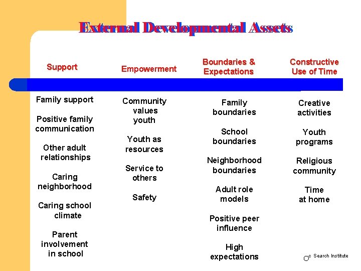 External Developmental Assets Support Family support Positive family communication Other adult relationships Caring neighborhood