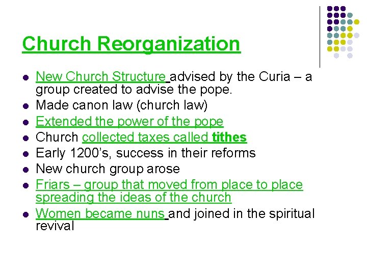 Church Reorganization l l l l New Church Structure advised by the Curia –