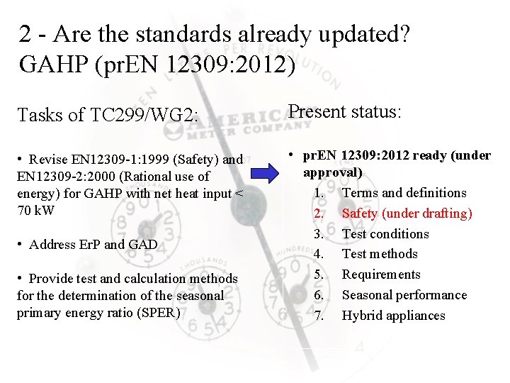 2 - Are the standards already updated? GAHP (pr. EN 12309: 2012) Tasks of