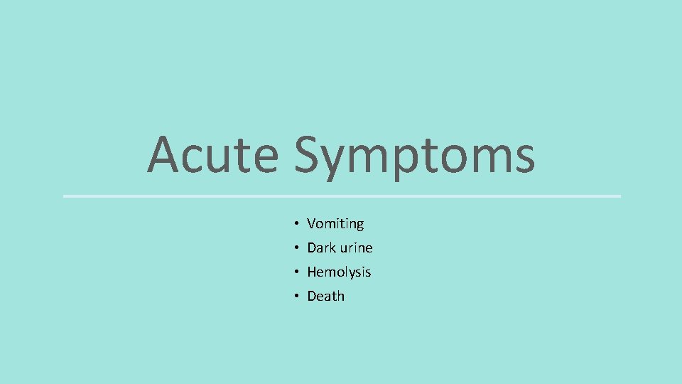 Acute Symptoms • Vomiting • Dark urine • Hemolysis • Death 