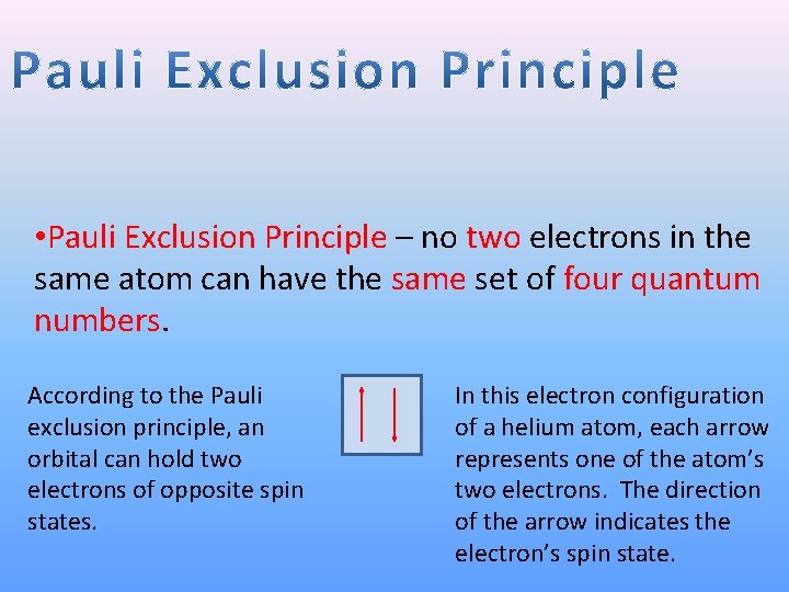  • Pauli Exclusion Principle – no two electrons in the same atom can