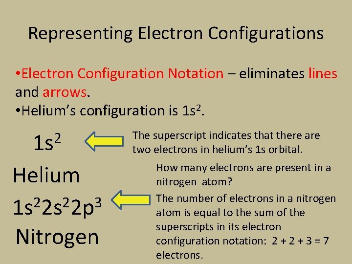 Representing Electron Configurations • Electron Configuration Notation – eliminates lines and arrows. • Helium’s