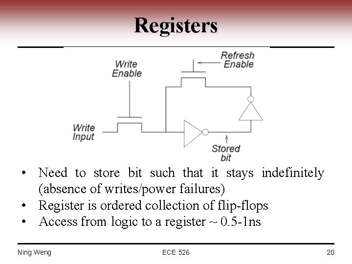 Registers • Need to store bit such that it stays indefinitely (absence of writes/power