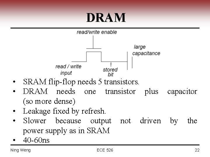 DRAM • SRAM flip-flop needs 5 transistors. • DRAM needs one transistor plus capacitor