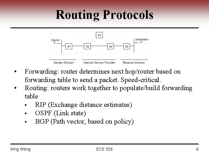 Routing Protocols • • Forwarding: router determines next hop/router based on forwarding table to