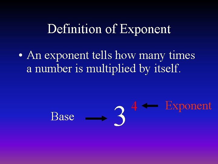 Definition of Exponent • An exponent tells how many times a number is multiplied