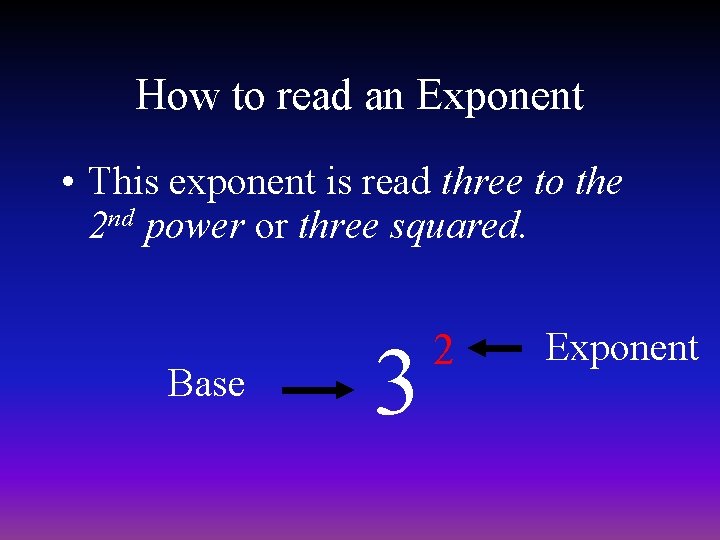 How to read an Exponent • This exponent is read three to the 2