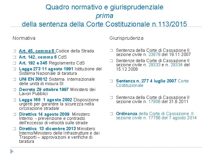 Quadro normativo e giurisprudenziale prima della sentenza della Corte Costituzionale n. 113/2015 Normativa �