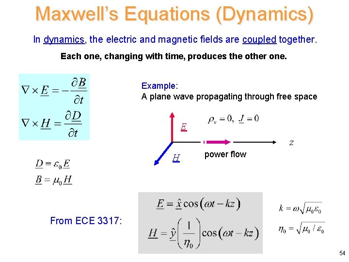 Maxwell’s Equations (Dynamics) In dynamics, the electric and magnetic fields are coupled together. Each
