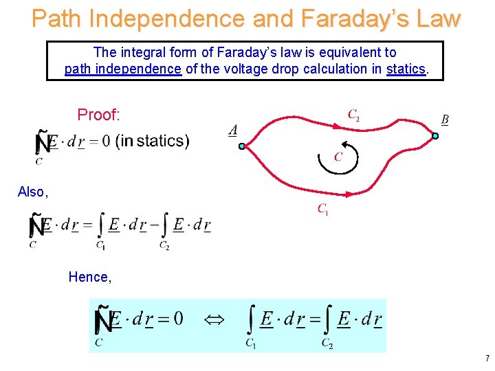 Path Independence and Faraday’s Law The integral form of Faraday’s law is equivalent to