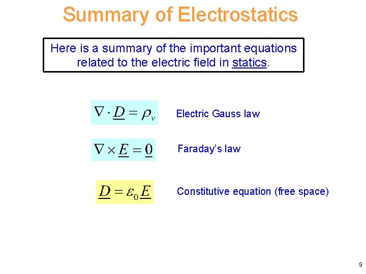 Summary of Electrostatics Here is a summary of the important equations related to the