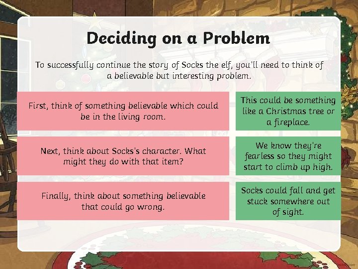 Deciding on a Problem To successfully continue the story of Socks the elf, you’ll