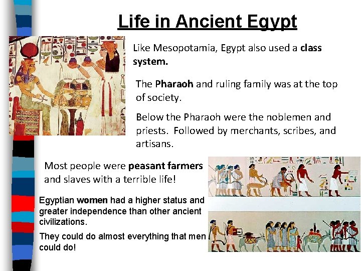 Life in Ancient Egypt Like Mesopotamia, Egypt also used a class system. The Pharaoh