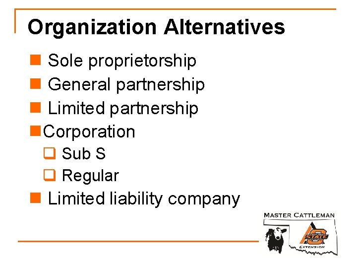 Organization Alternatives n Sole proprietorship n General partnership n Limited partnership n. Corporation q