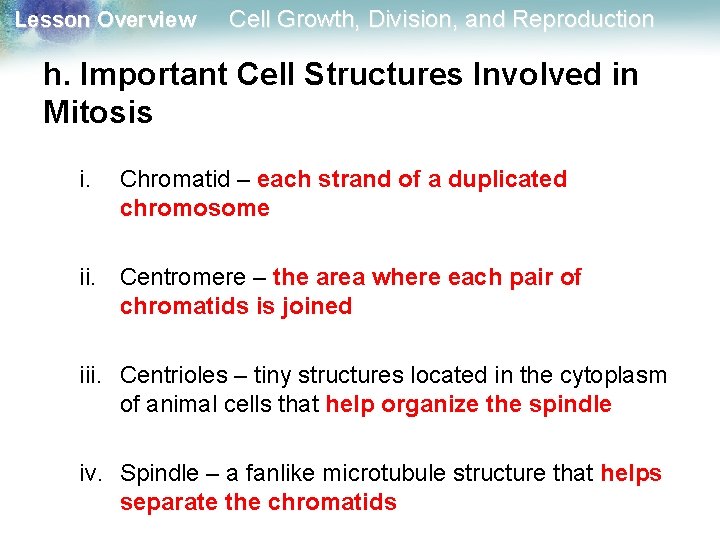 Lesson Overview Cell Growth, Division, and Reproduction h. Important Cell Structures Involved in Mitosis
