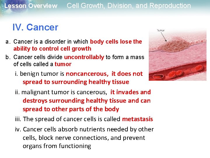 Lesson Overview Cell Growth, Division, and Reproduction IV. Cancer a. Cancer is a disorder