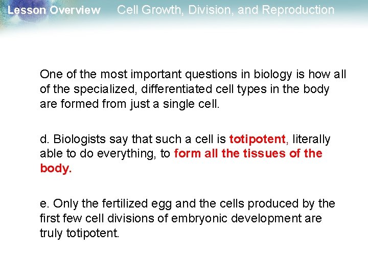 Lesson Overview Cell Growth, Division, and Reproduction One of the most important questions in