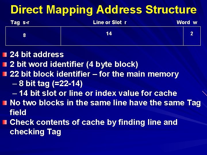 Direct Mapping Address Structure Tag s-r 8 Line or Slot r 14 Word w