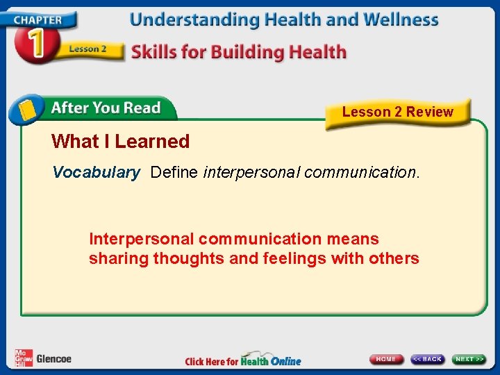 Lesson 2 Review What I Learned Vocabulary Define interpersonal communication. Interpersonal communication means sharing Lesson 2 Review What I Learned Vocabulary Define interpersonal communication. Interpersonal communication means sharing