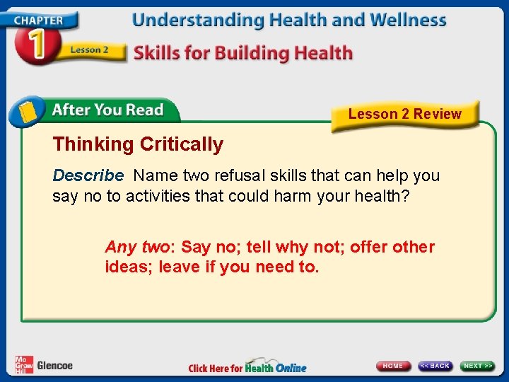 Lesson 2 Review Thinking Critically Describe Name two refusal skills that can help you Lesson 2 Review Thinking Critically Describe Name two refusal skills that can help you