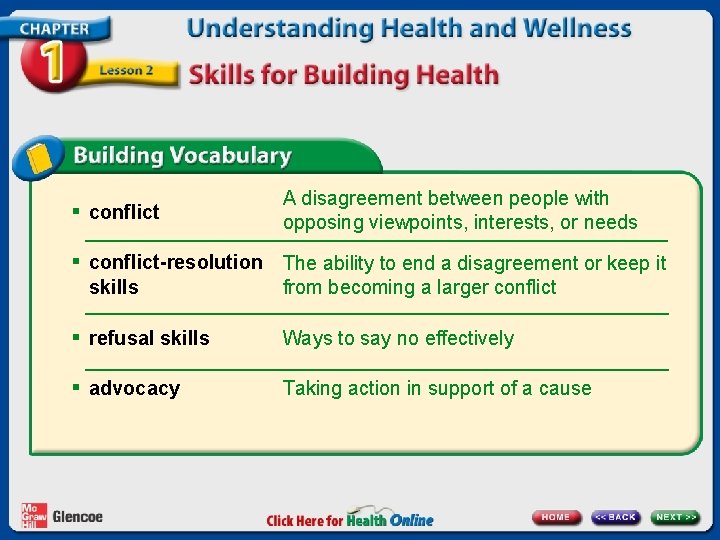 § conflict A disagreement between people with opposing viewpoints, interests, or needs § conflict-resolution § conflict A disagreement between people with opposing viewpoints, interests, or needs § conflict-resolution