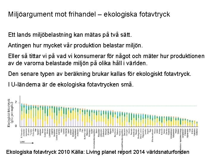 Miljöargument mot frihandel – ekologiska fotavtryck Ett lands miljöbelastning kan mätas på två sätt.