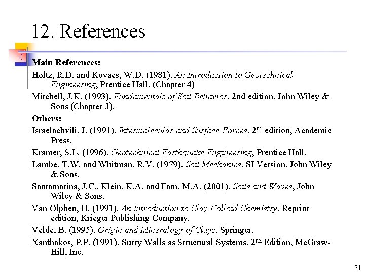 12. References Main References: Holtz, R. D. and Kovacs, W. D. (1981). An Introduction