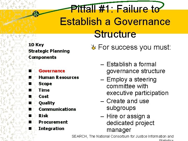 Pitfall #1: Failure to Establish a Governance Structure 10 Key Strategic Planning Components n