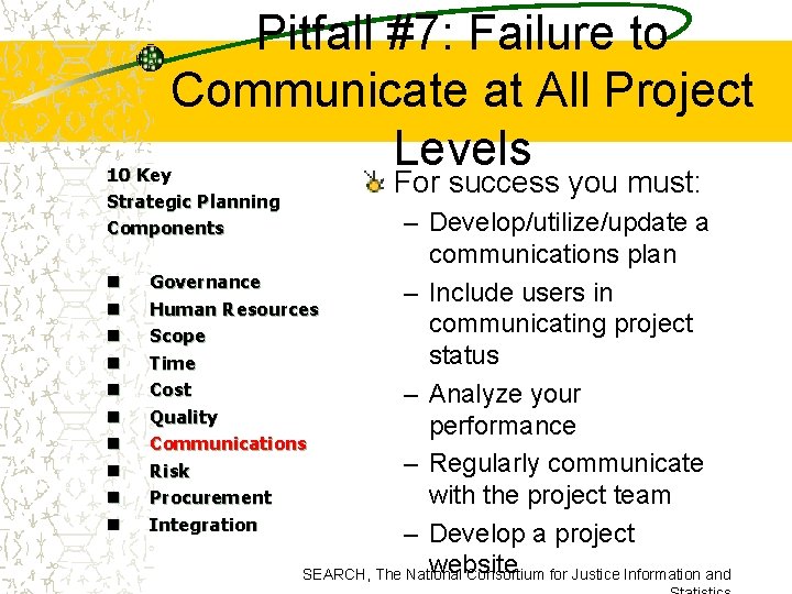 Pitfall #7: Failure to Communicate at All Project Levels 10 Key Strategic Planning Components