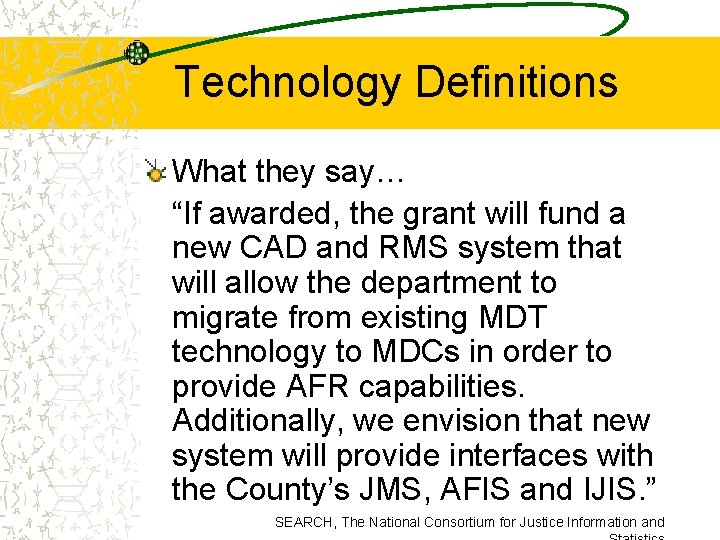 Technology Definitions What they say… “If awarded, the grant will fund a new CAD