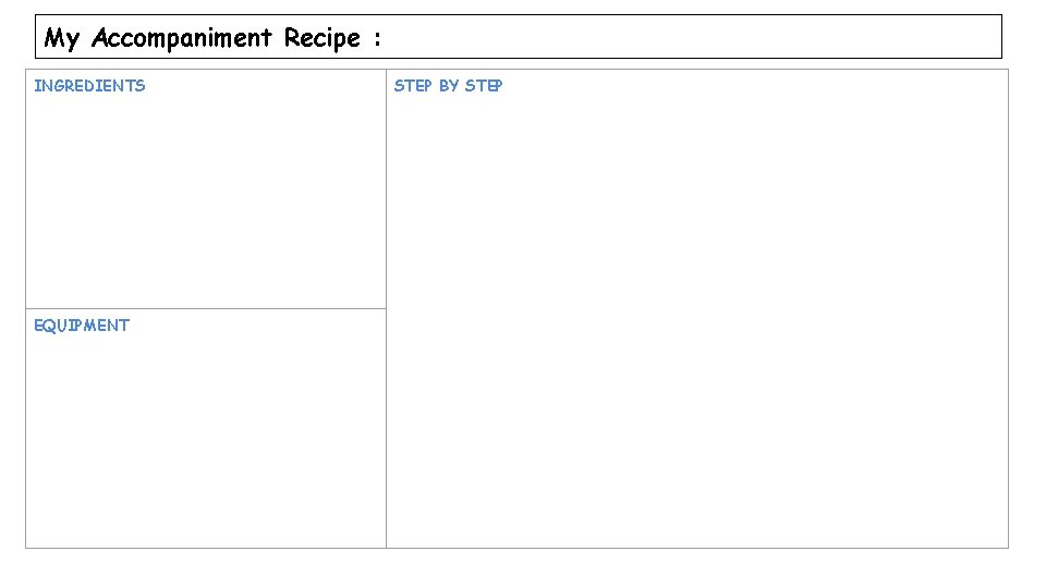 My Accompaniment Recipe : INGREDIENTS EQUIPMENT STEP BY STEP 