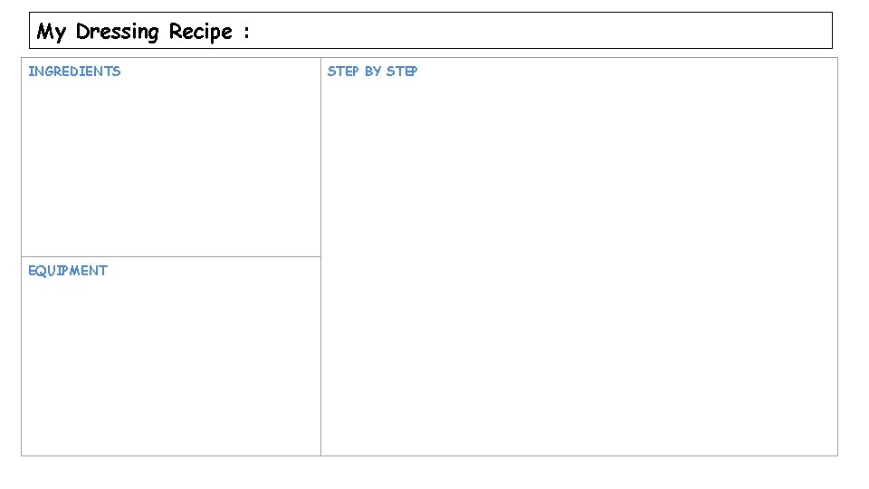 My Dressing Recipe : INGREDIENTS EQUIPMENT STEP BY STEP 