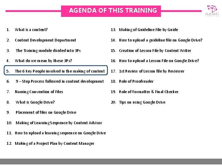 AGENDA OF THIS TRAINING 1. What is a content? 13. Making of Guideline File