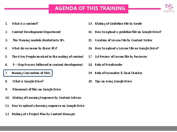 AGENDA OF THIS TRAINING 1. What is a content? 13. Making of Guideline File