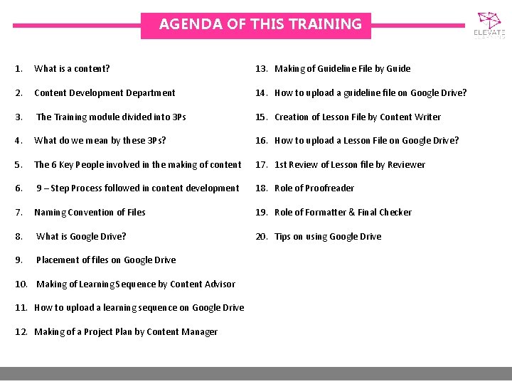 AGENDA OF THIS TRAINING 1. What is a content? 13. Making of Guideline File
