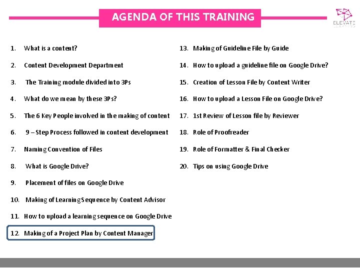 AGENDA OF THIS TRAINING 1. What is a content? 13. Making of Guideline File