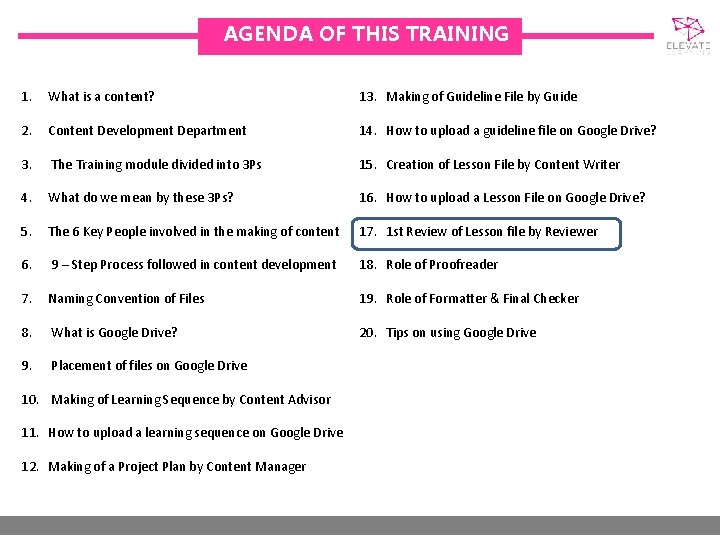 AGENDA OF THIS TRAINING 1. What is a content? 13. Making of Guideline File
