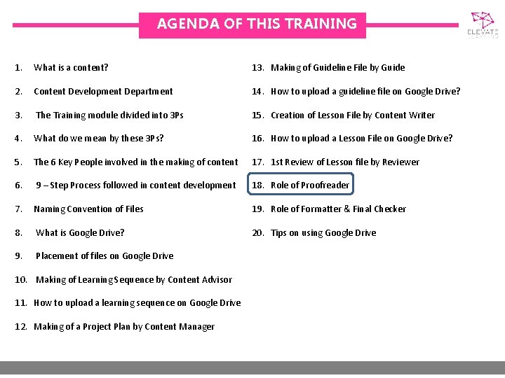 AGENDA OF THIS TRAINING 1. What is a content? 13. Making of Guideline File