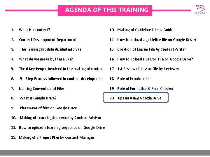 AGENDA OF THIS TRAINING 1. What is a content? 13. Making of Guideline File