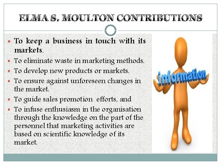 ELMA S. MOULTON CONTRIBUTIONS § To keep a business in touch with its markets. ELMA S. MOULTON CONTRIBUTIONS § To keep a business in touch with its markets.