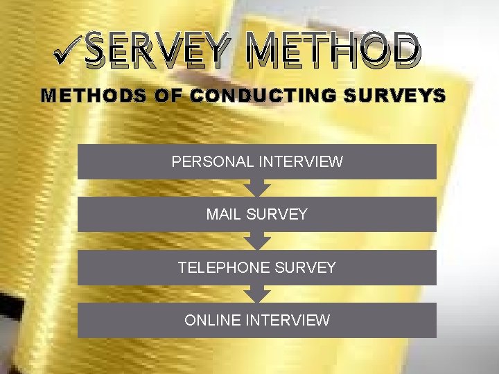 üSERVEY METHODS OF CONDUCTING SURVEYS PERSONAL INTERVIEW MAIL SURVEY TELEPHONE SURVEY ONLINE INTERVIEW üSERVEY METHODS OF CONDUCTING SURVEYS PERSONAL INTERVIEW MAIL SURVEY TELEPHONE SURVEY ONLINE INTERVIEW