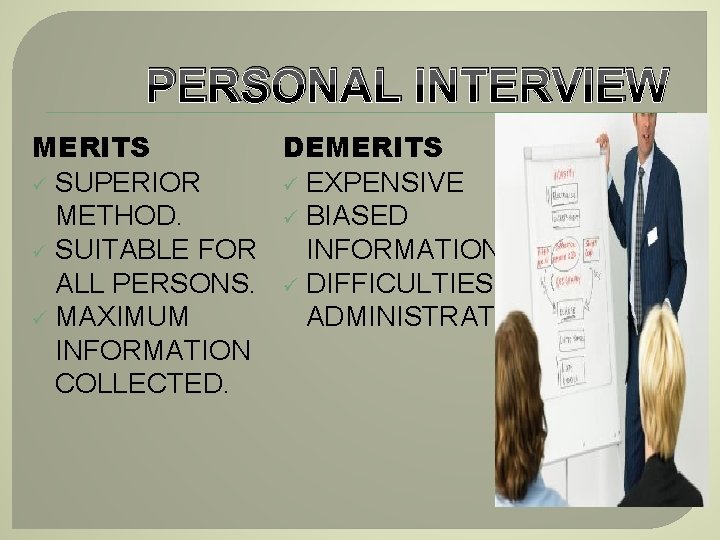 PERSONAL INTERVIEW MERITS DEMERITS ü SUPERIOR ü EXPENSIVE METHOD. ü BIASED ü SUITABLE FOR PERSONAL INTERVIEW MERITS DEMERITS ü SUPERIOR ü EXPENSIVE METHOD. ü BIASED ü SUITABLE FOR