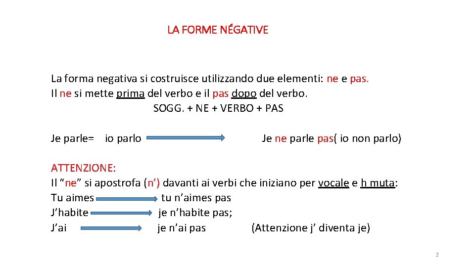 LA FORME NÉGATIVE La forma negativa si costruisce utilizzando due elementi: ne e pas.