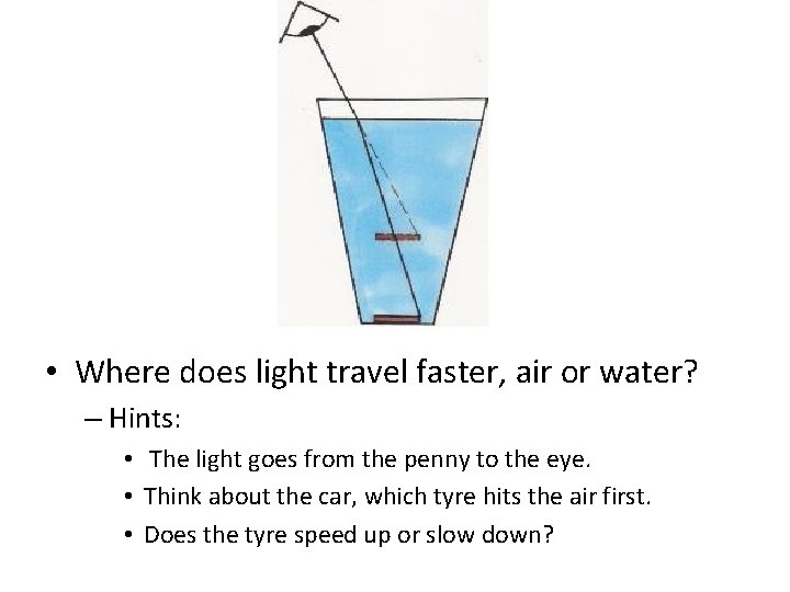  • Where does light travel faster, air or water? – Hints: • The